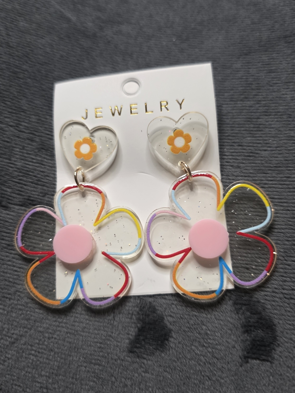 Colorful Flower Acrylic Drop Earrings - Pink Center